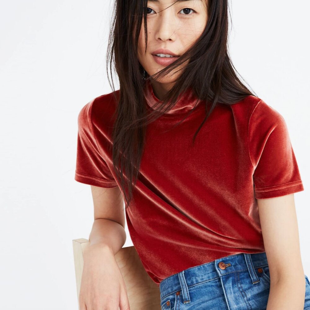 Madewell Velvet Mockneck Tee in Burnished Rust, Size L